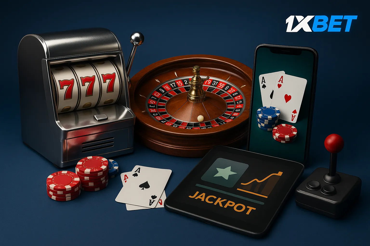 Photorealistic 1xBet online casino games banner featuring a chrome 777 slot machine, brass roulette wheel, poker aces with chips, and a jackpot tablet and smartphone interface.