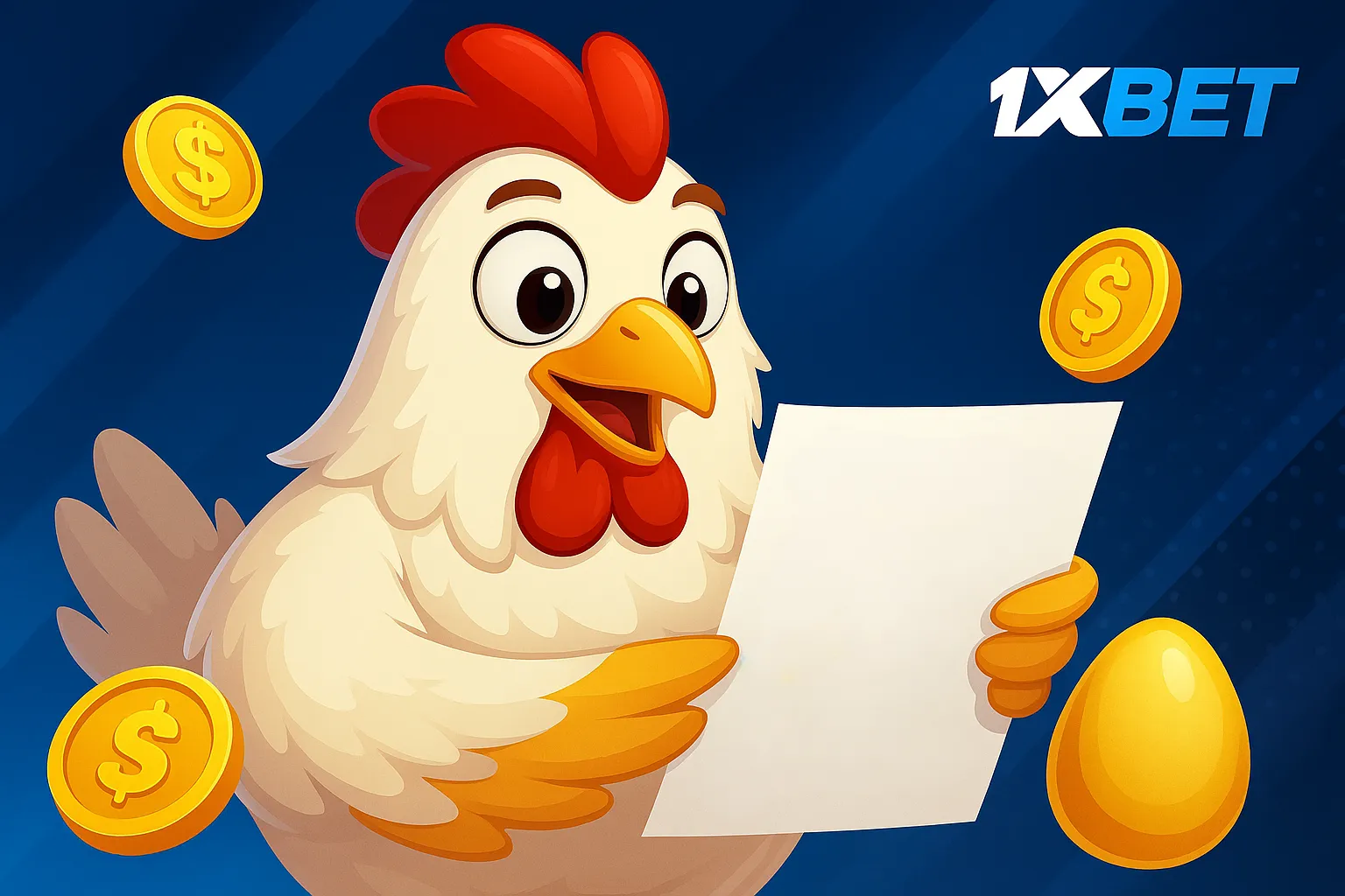 Cartoon chicken-road reading player reviews on Chicken Road game at 1xBet with coins and golden egg