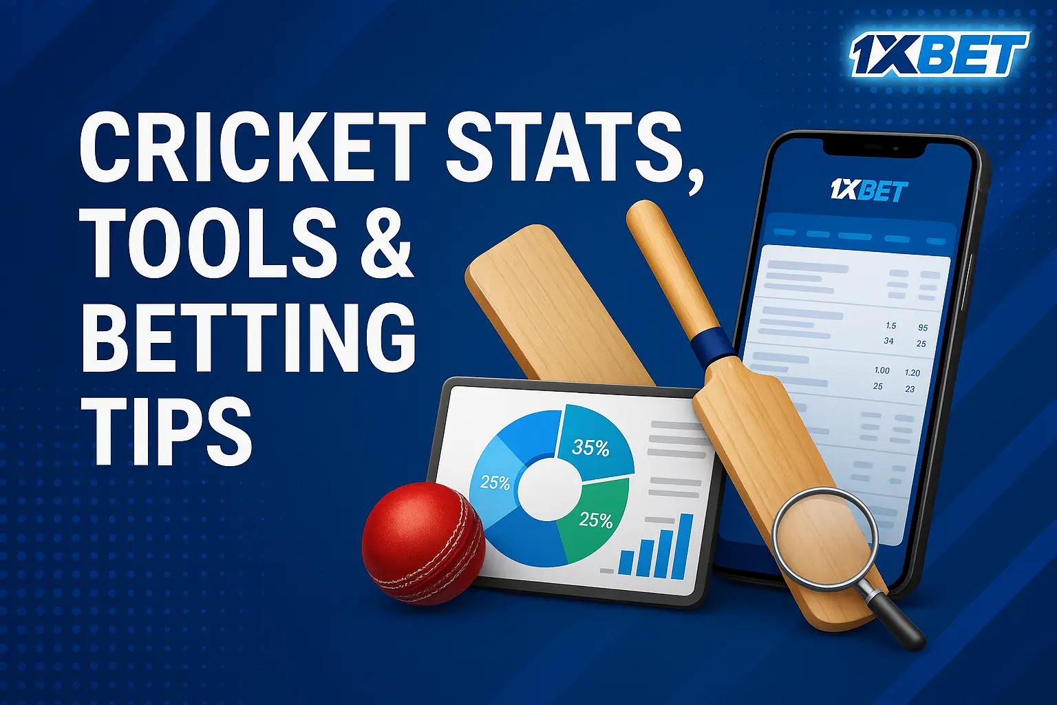 Cricket stats, betting tools, and tips on 1xBet with app interface and match analytics