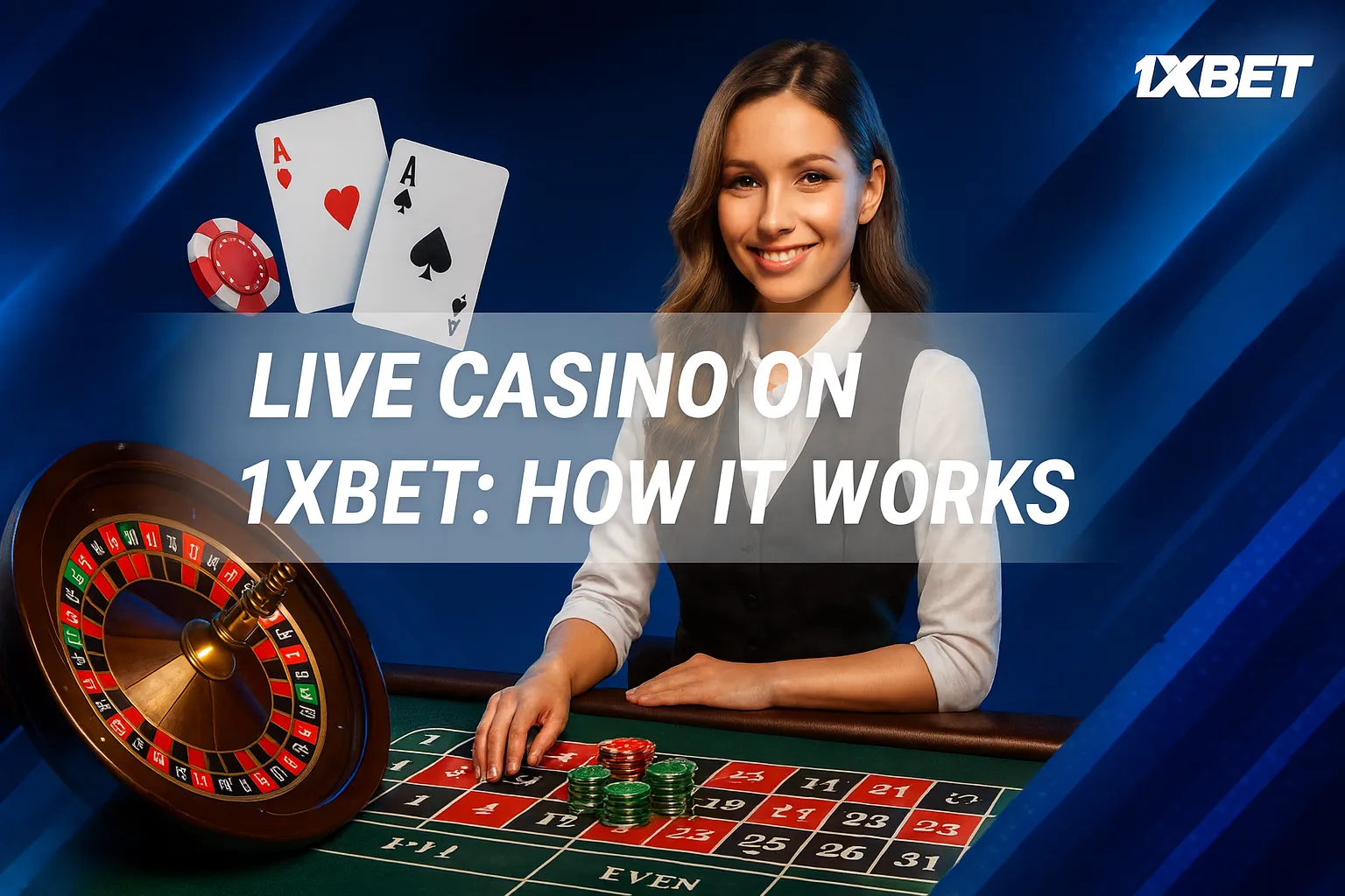 Live casino 1xBet: dealer at roulette with cards and chips on the gaming table