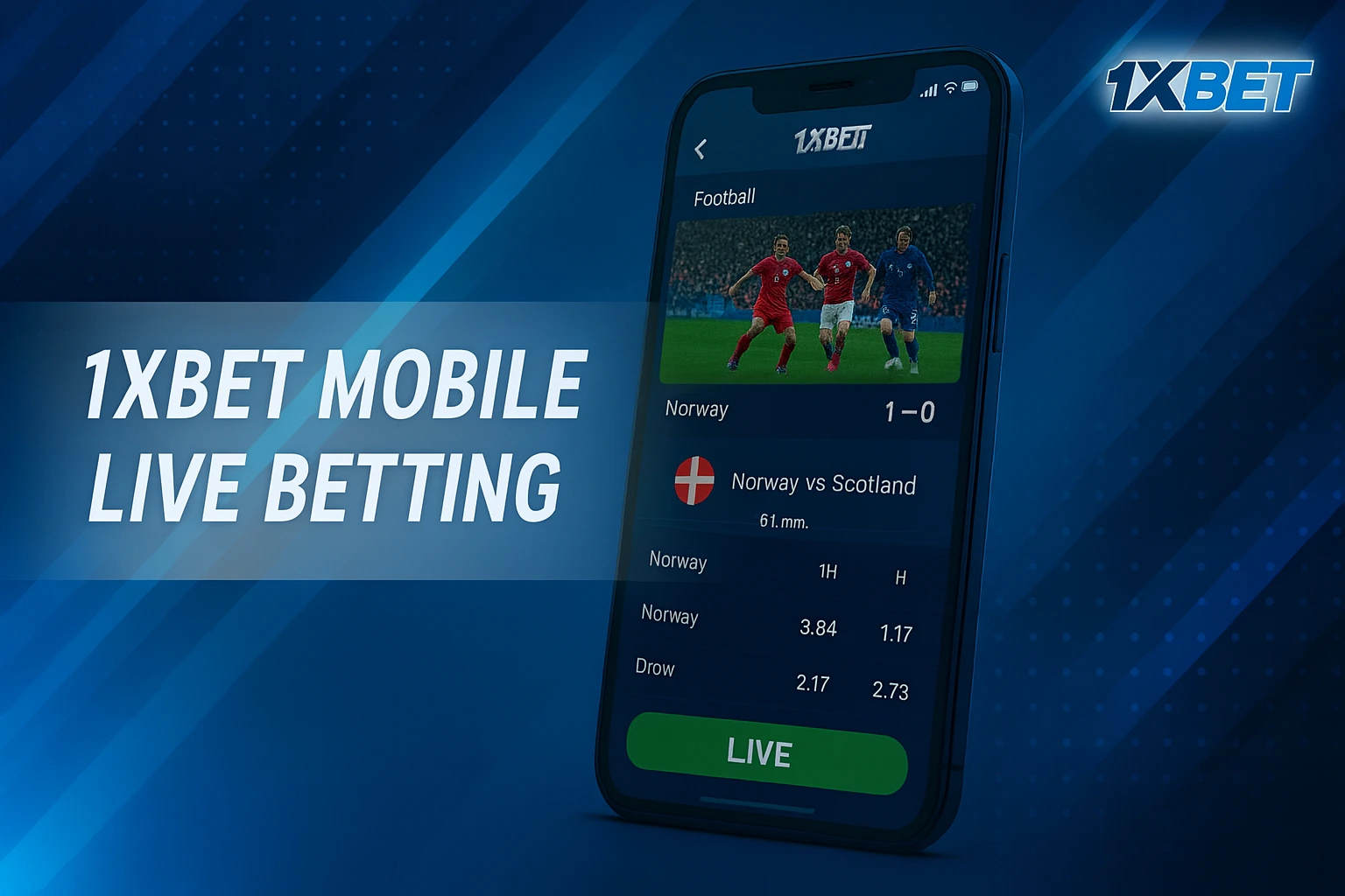 Live betting via the 1xBet mobile app: smartphone with a live betting interface on a blue corporate background and the 1xBet logo